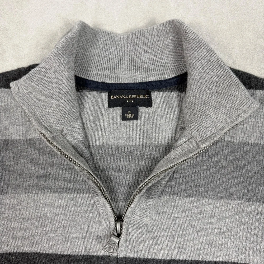 Y2K Mens Banana Republic Striped Quarter Zip Pullover Sweater Grey XL
